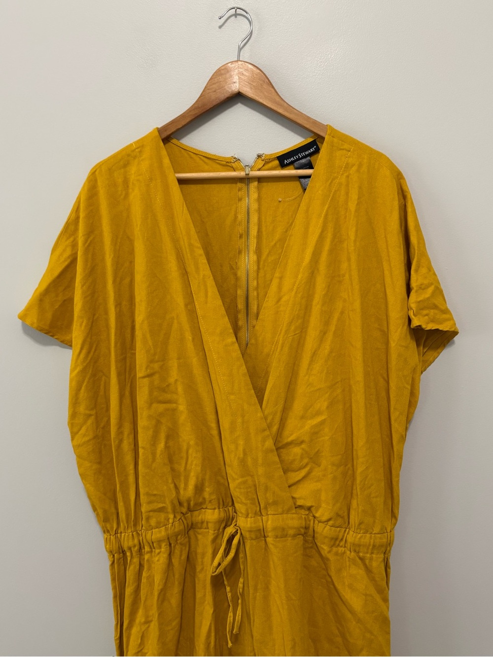 Ashley Stewart Golden Mustard V-Neck Tie-Waist Cotton Blend Modern Jumper